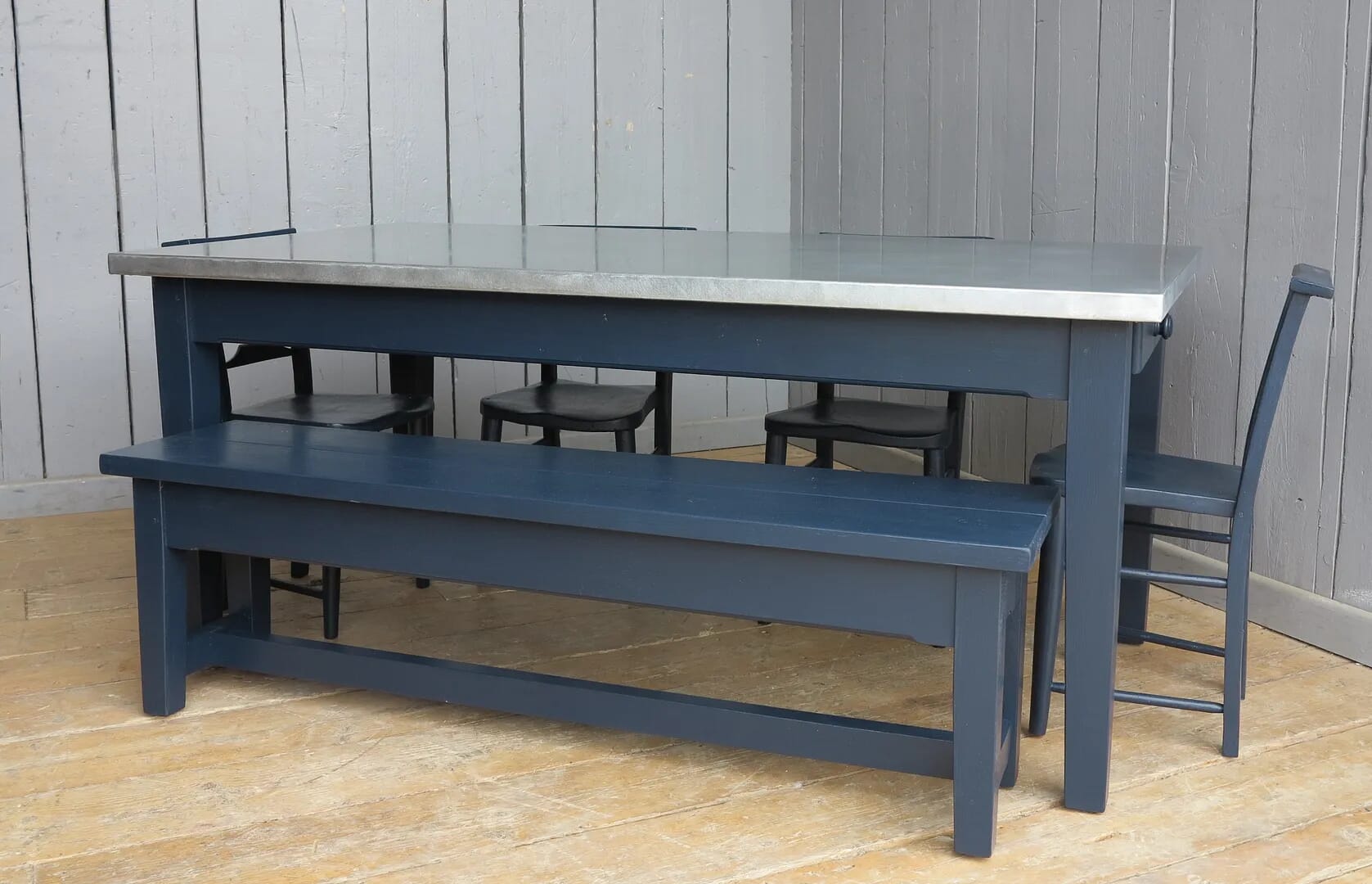 Matt Zinc Topped Table With Hand Painted Bench - 7920