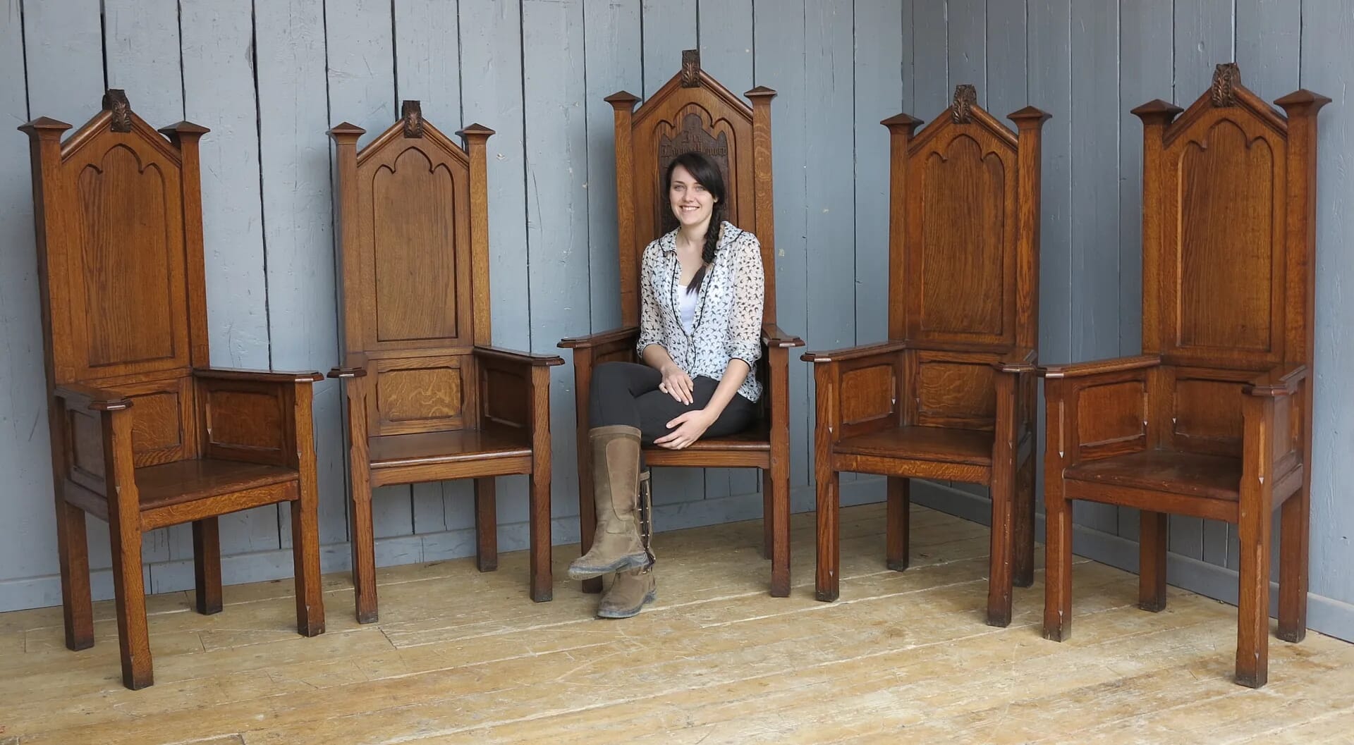 Set of 5 Solid Oak Carved Altar Chairs - 7937