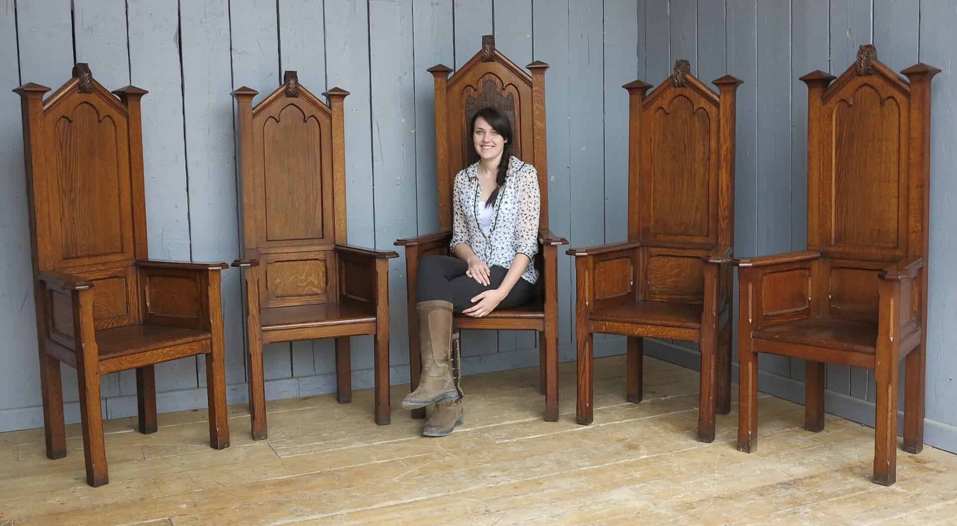 Set of 5 Solid Oak Carved Altar Chairs