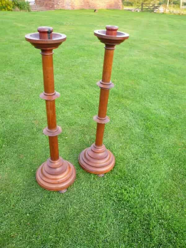 Pair of Original Victorian Oak Church Candlesticks