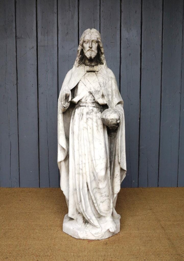 Antique Black Veined Alabaster Statue of Jesus - 6914