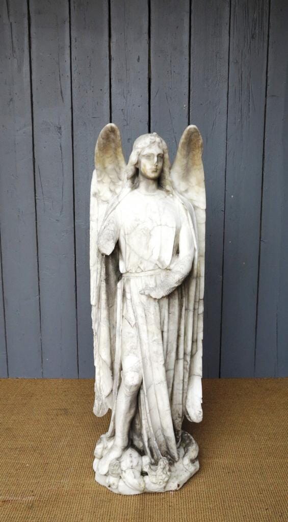 Antique Black Veined Alabaster Saint Michael Fighting the Dragon Statue - 6915