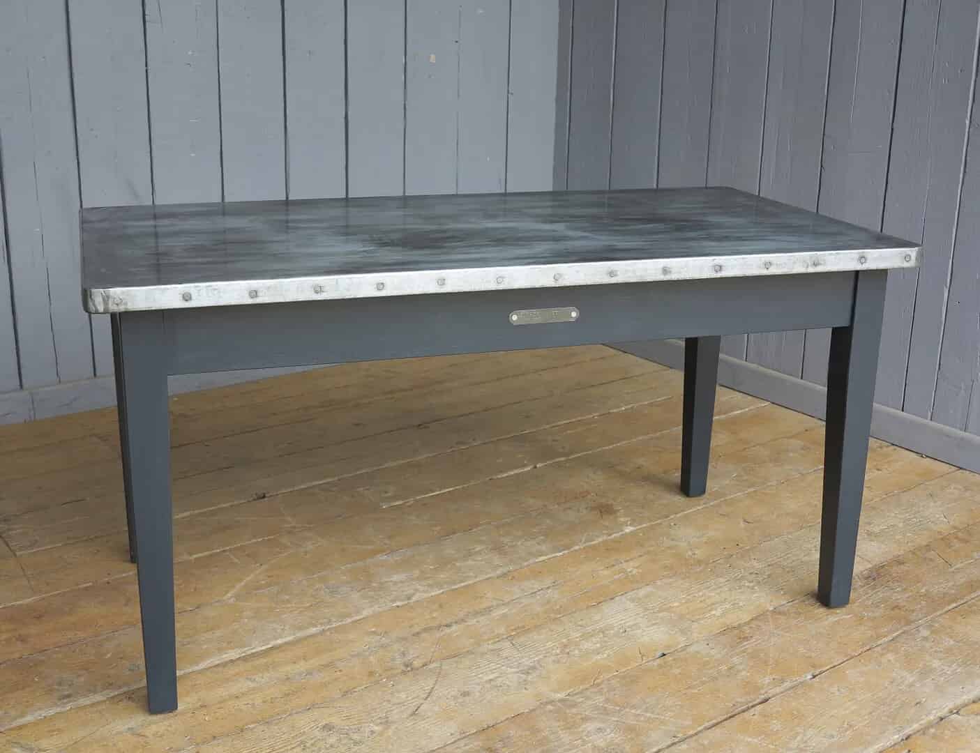 Antiqued Zinc Topped Table with Rounded Corners & Nail Detailing