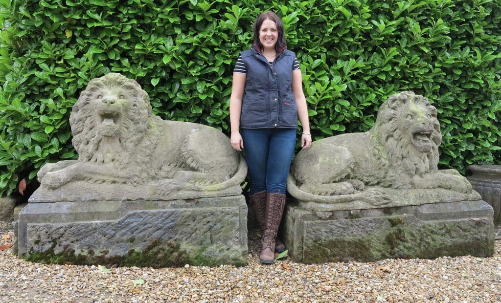 Pair of Hand Carved Solid Stone Lions On Plinths - 8940