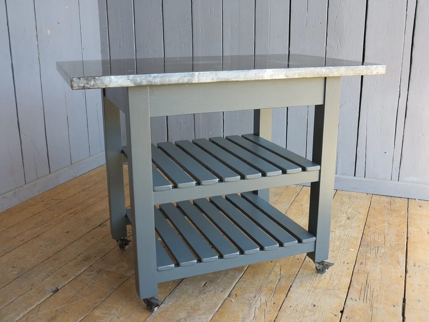 Bespoke Antiqued Zinc Butchers Block Unit With Slatted Base - 7977