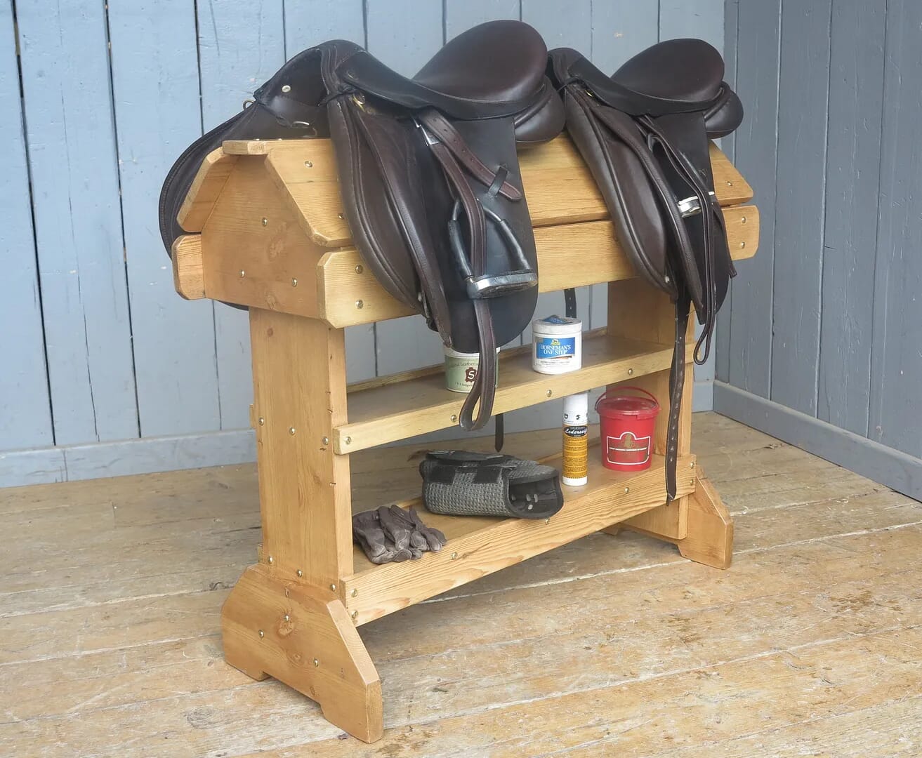 Reclaimed Pine Twin Saddle Rack & Shelves - 7997
