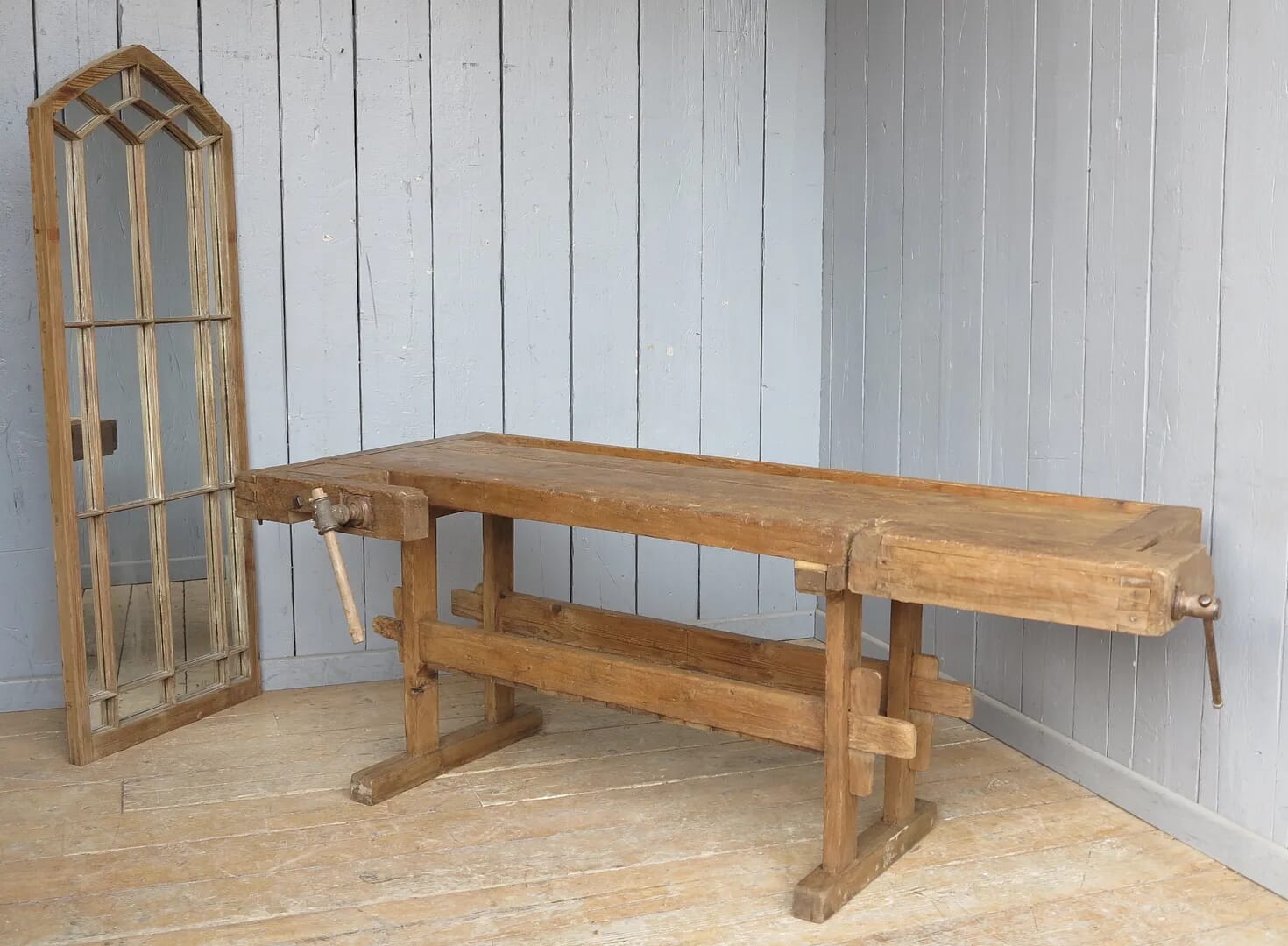 Antique Reclaimed Workbench With Two Vices and Shelf - 8002