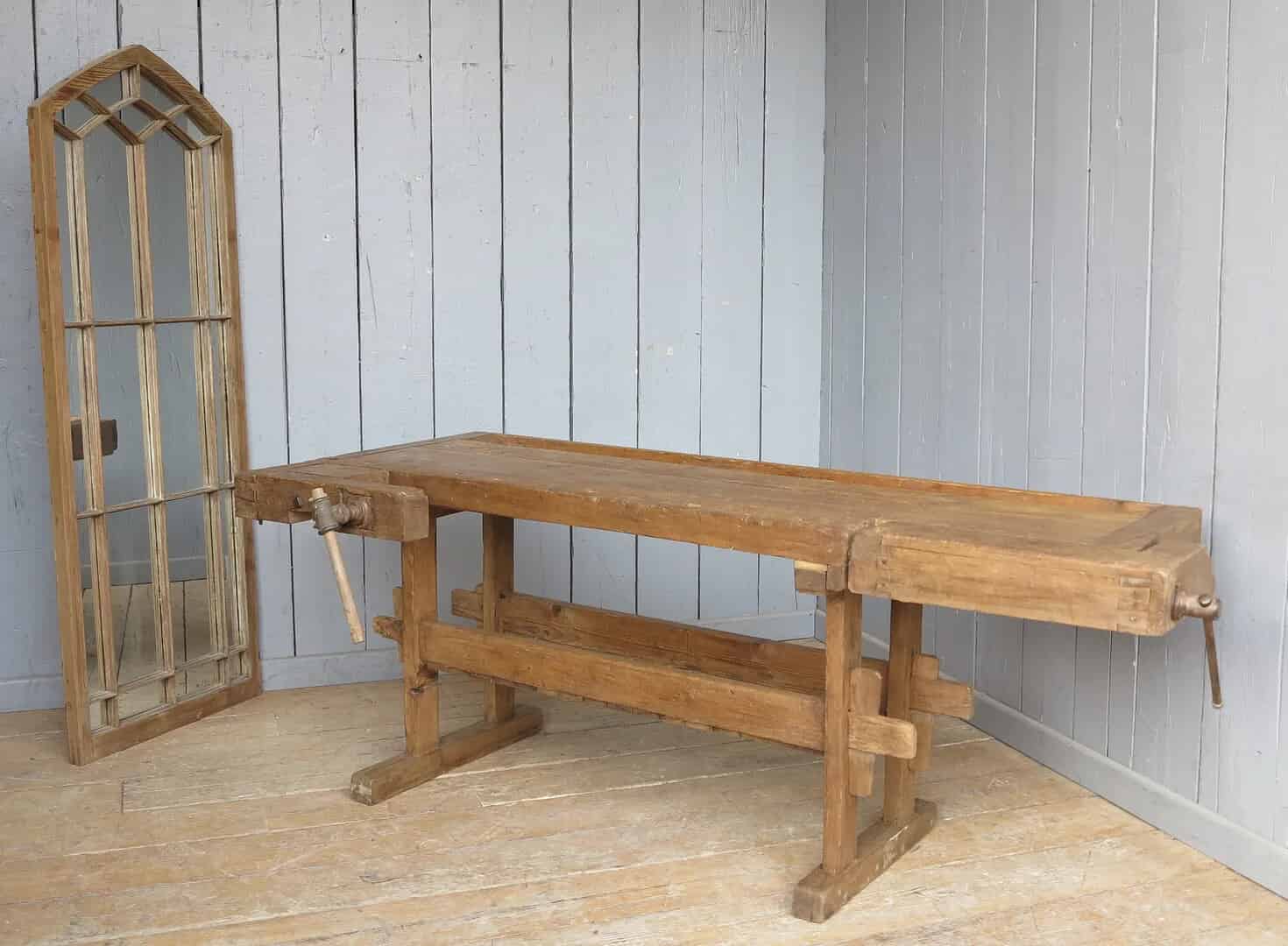 Antique Reclaimed Workbench With Two Vices and Shelf - Suitable for a Kitchen Side Table