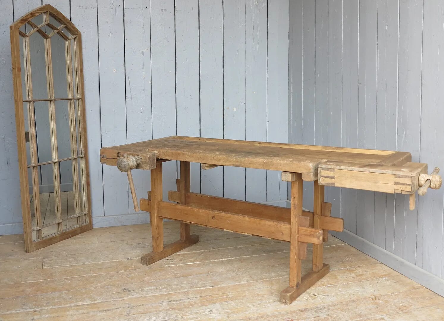 Reclaimed Antique Workbench With Two Vices and Shelf - 8003