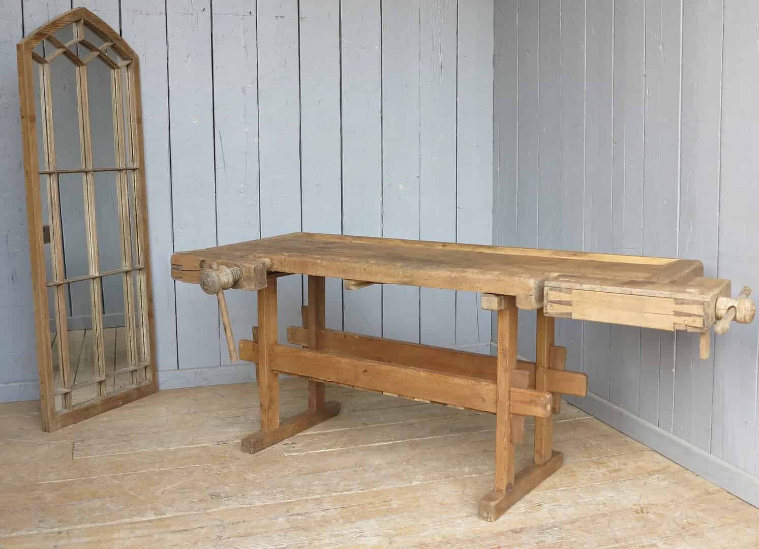 Reclaimed Antique Workbench With Two Vices and Shelf - Suitable for a Kitchen Side Table