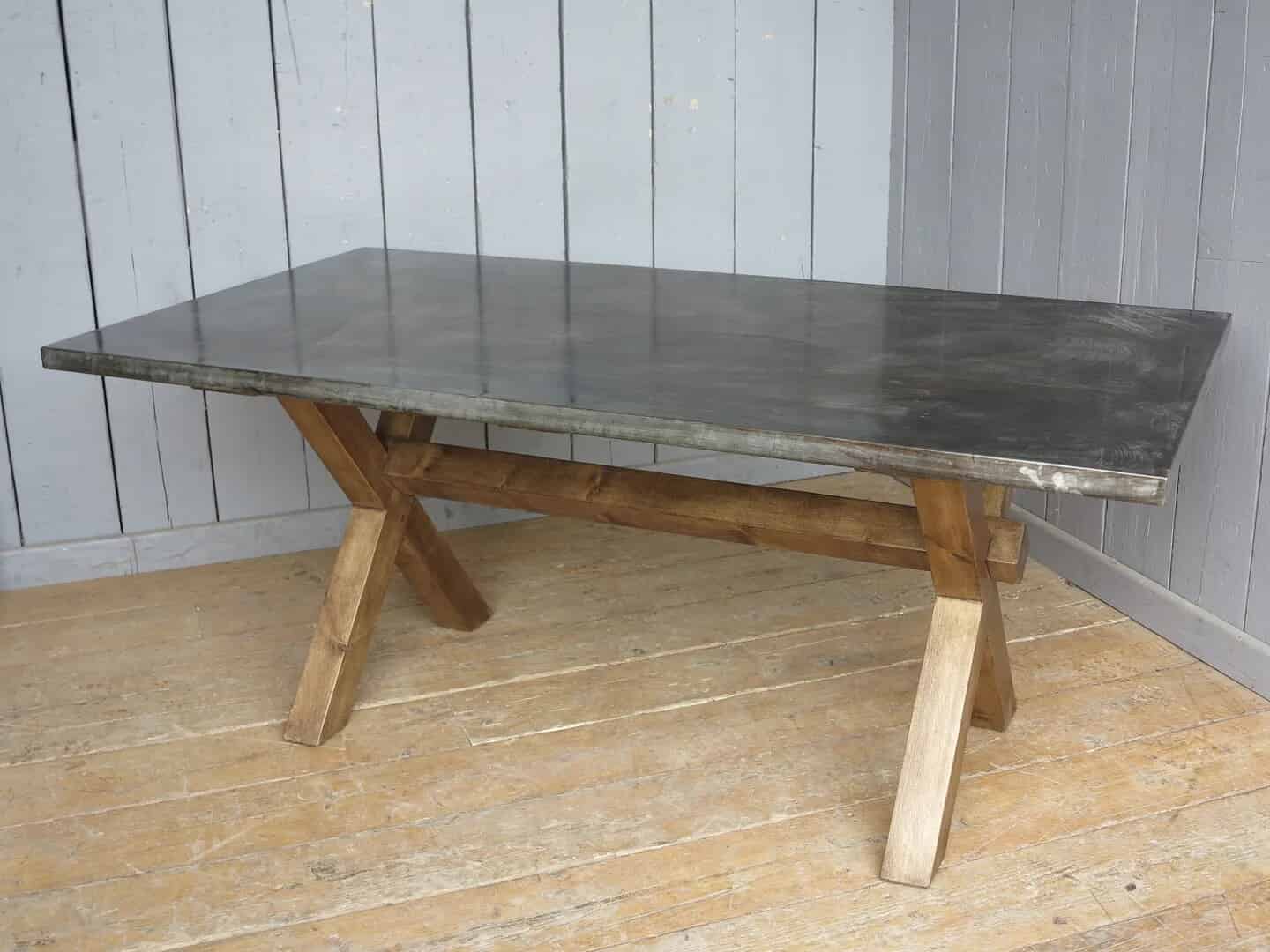 Bespoke Antiqued Zinc Table With X Frame Base