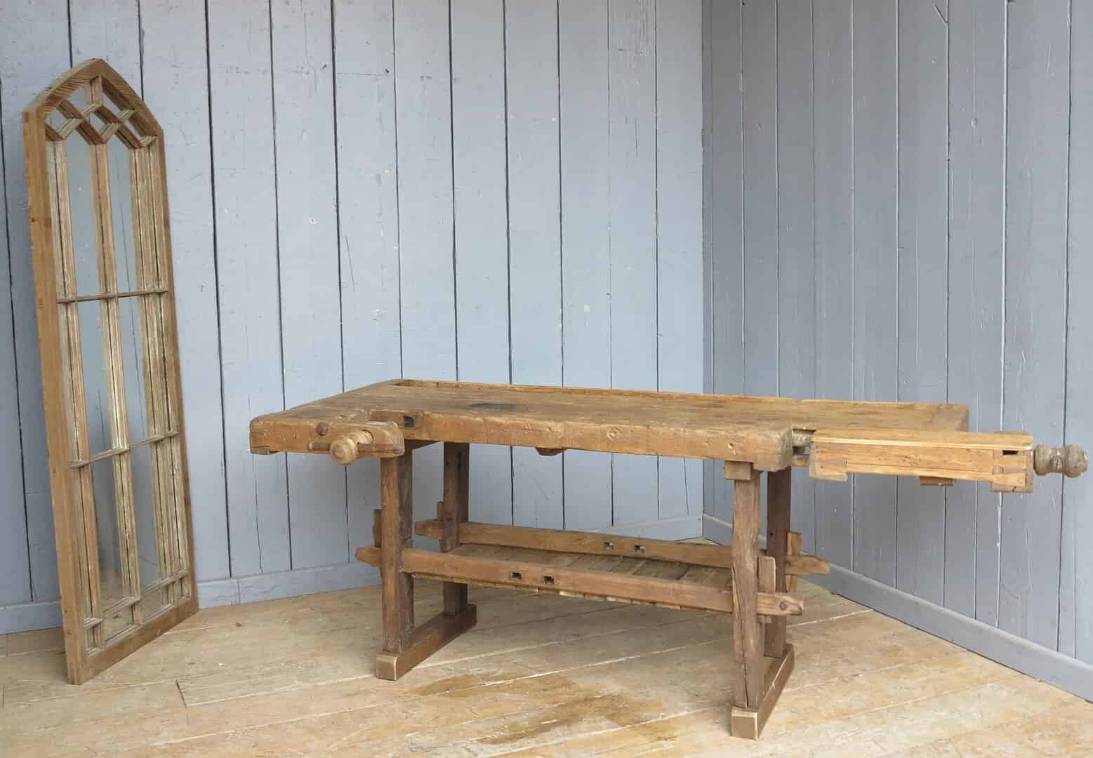 Antique Workbench With Two Vices and Shelf - Suitable for a Kitchen Side Table