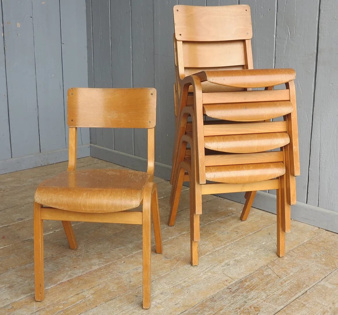 Vintage Reclaimed Wooden Stacking Chairs - 8094a.