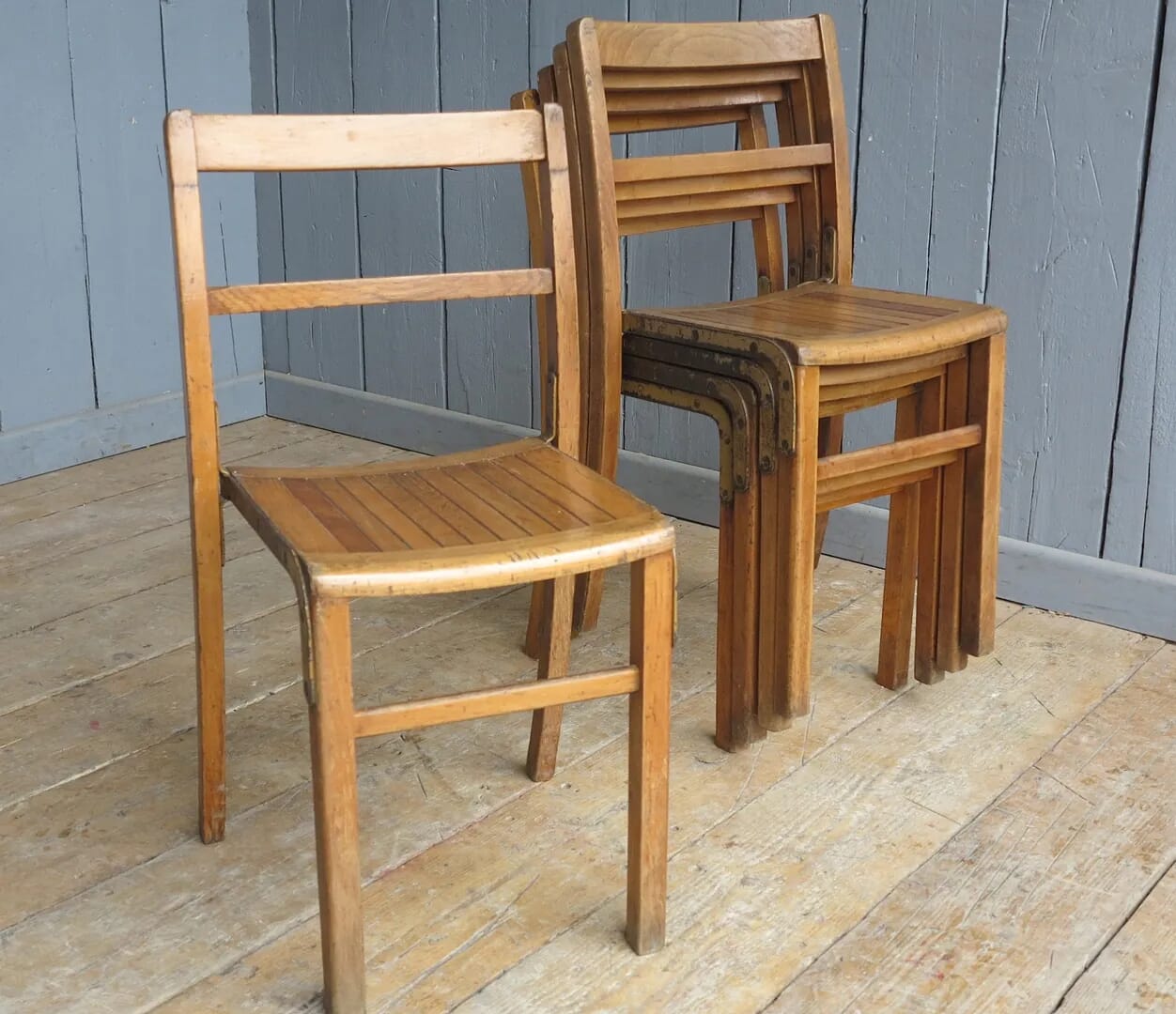 Vintage Wooden & Iron Reclaimed Stacking Chairs - 8105