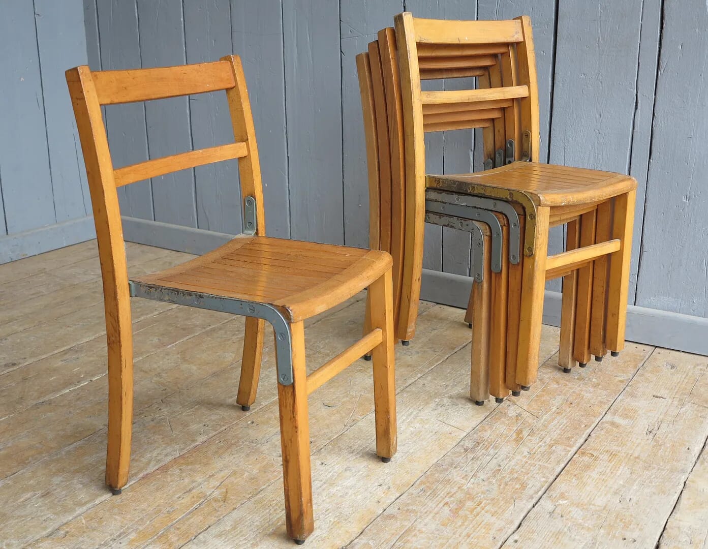 Wooden & Iron Reclaimed Vintage Stacking Chairs - 8107