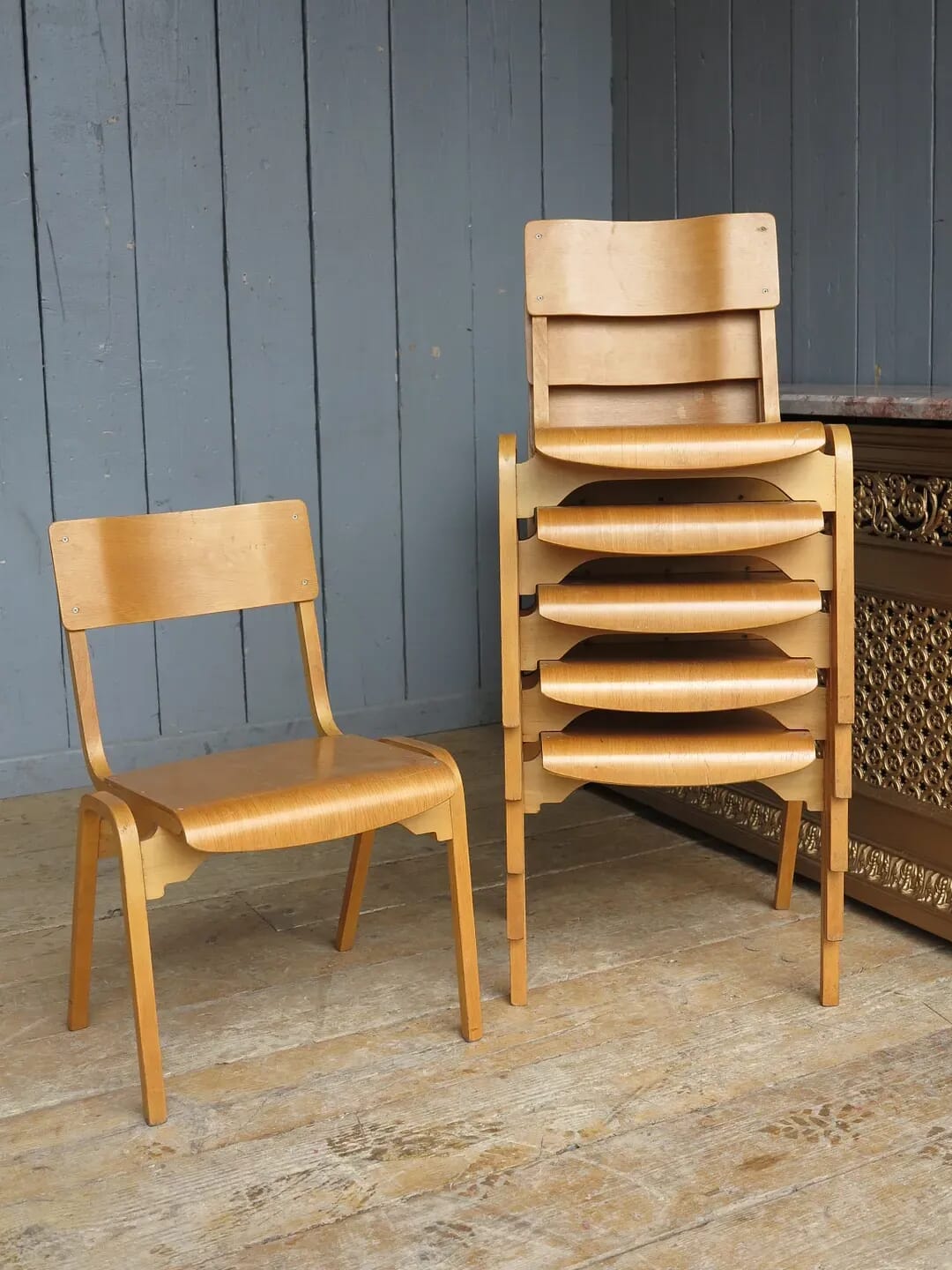 Wooden Reclaimed Vintage Stacking Chairs With Book Holders - 8115
