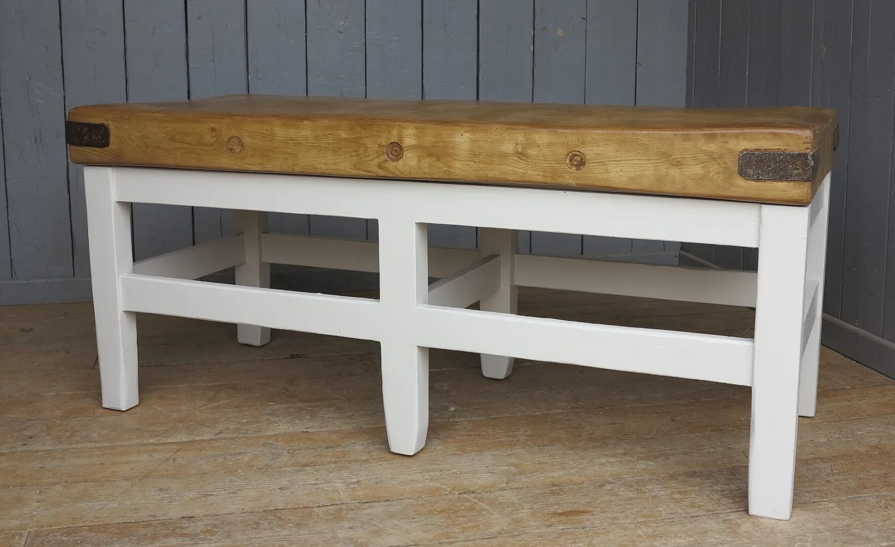 Waxed & Painted Antique Butchers Block on it's Original Base - 8137