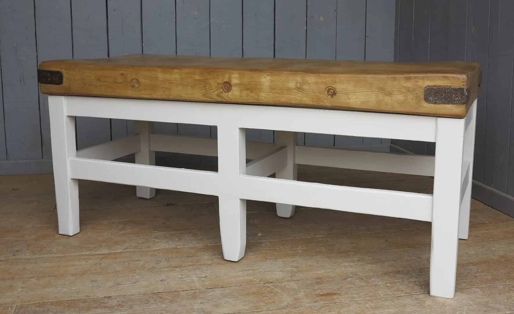Waxed & Painted Antique Butchers Block on Original 6 Legged Base