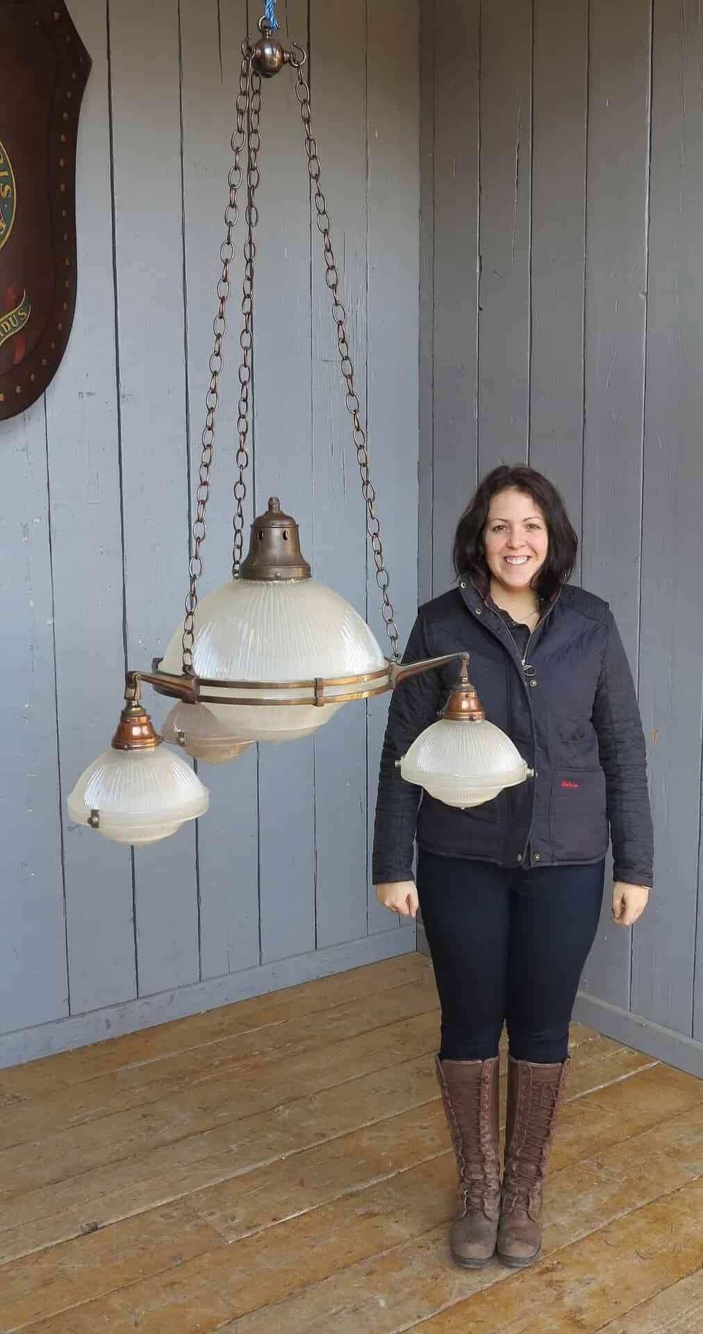 Antique Glass Globe Holophane 4 Light Chandelier