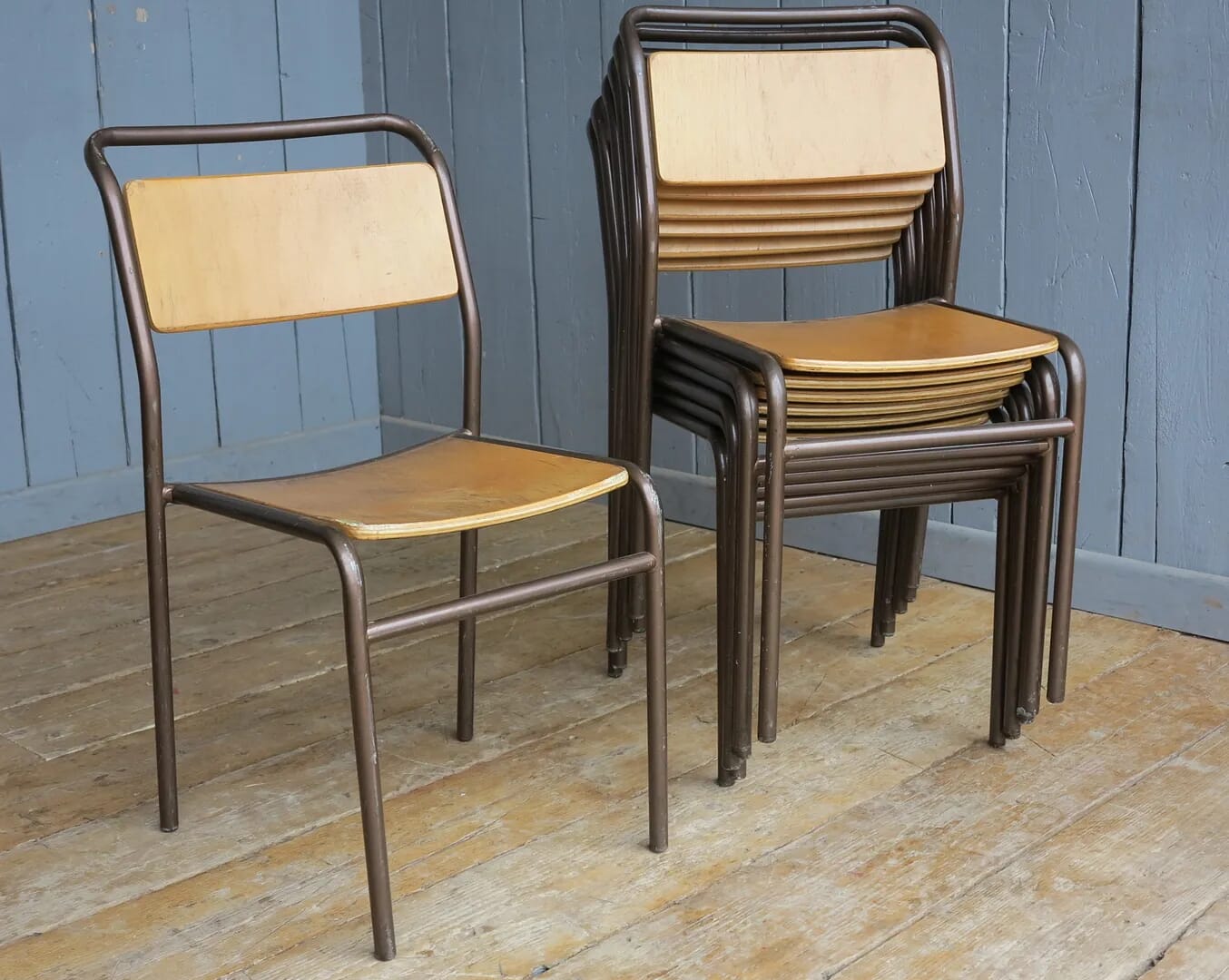 Vintage Industrial Steel Plywood Stacking Chairs - 8133