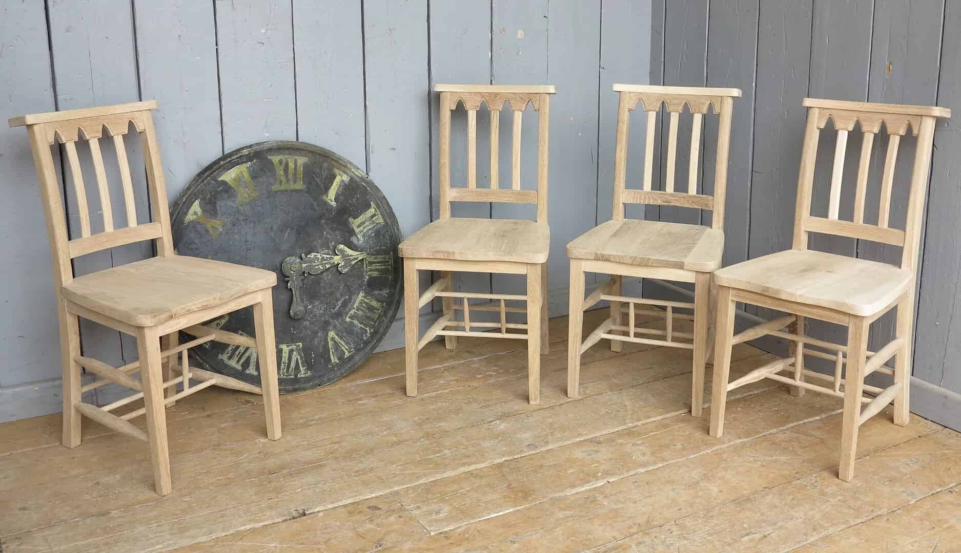 Solid Oak Antique Gothic Church Chairs - Unwaxed Finish