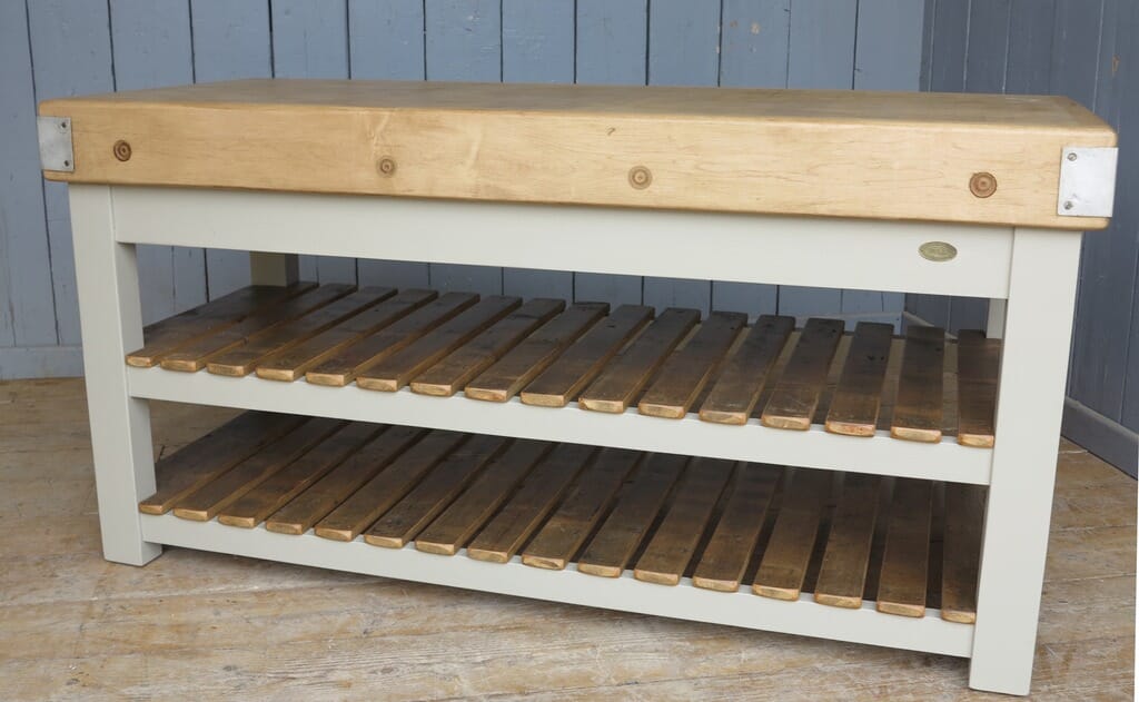 Antique Waxed & Painted Butchers Block with Slatted Shelves on Base - 8138
