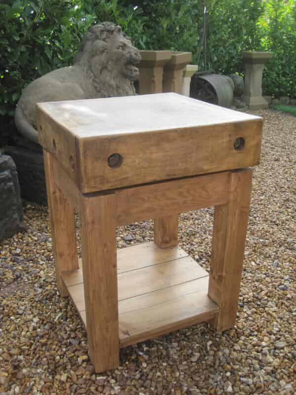Totally original butchers block top on a reclaimed pine base