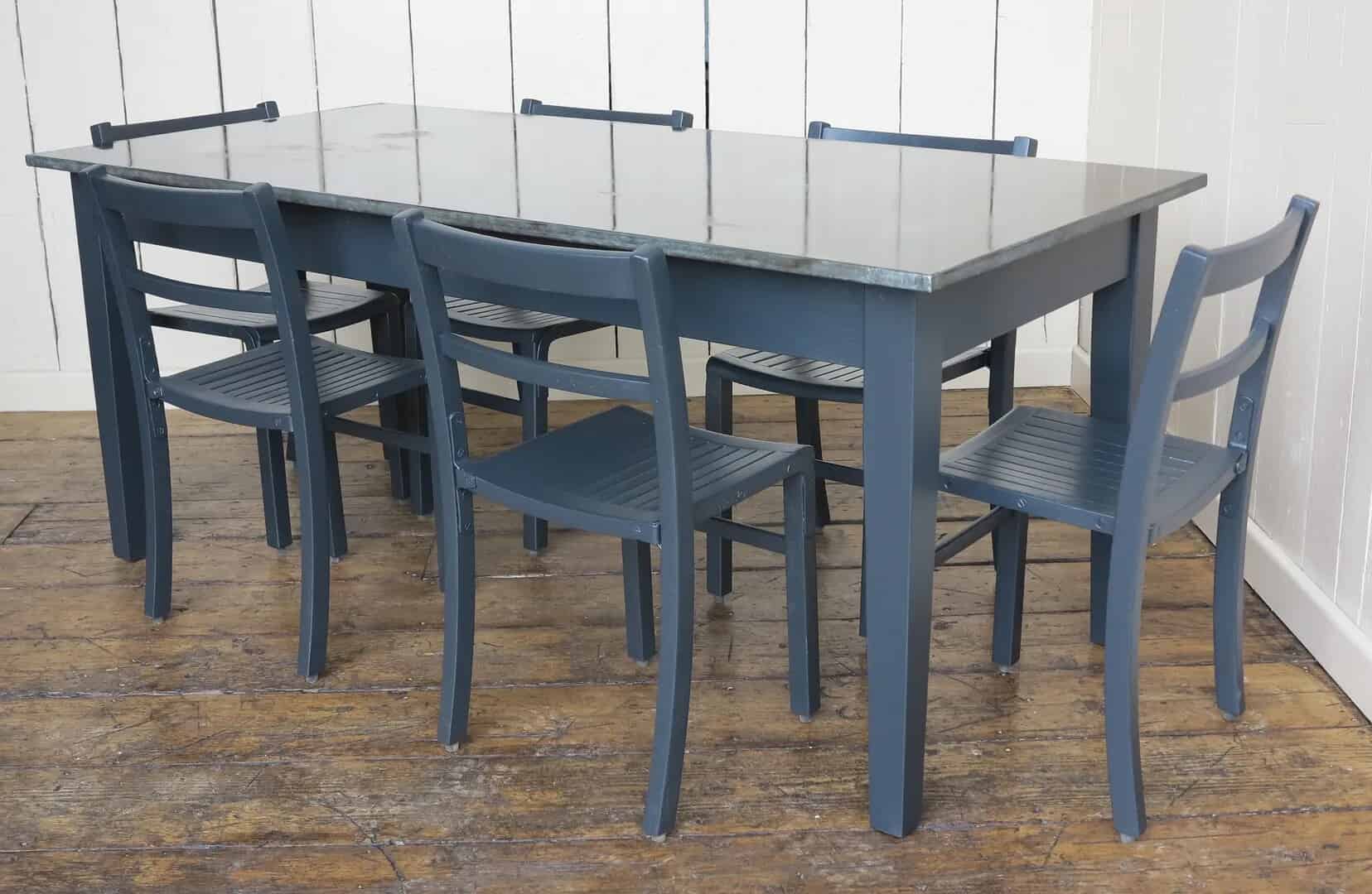 Antiqued Zinc Topped Kitchen Table With Our Painted Stacking Chairs