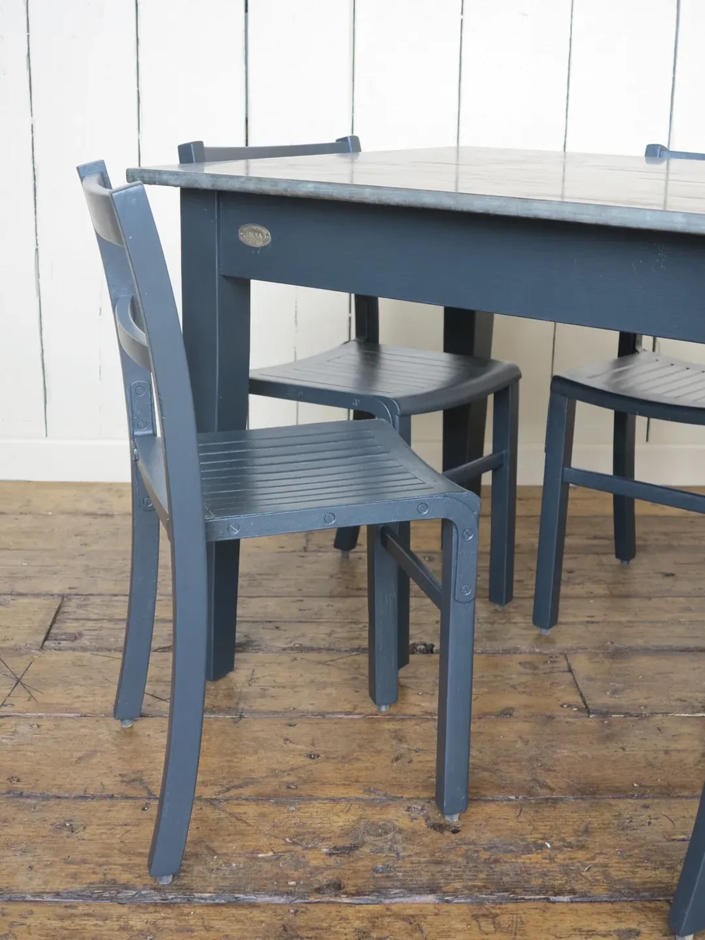 Antiqued Zinc Topped Kitchen Table with our Painted Stacking Chairs