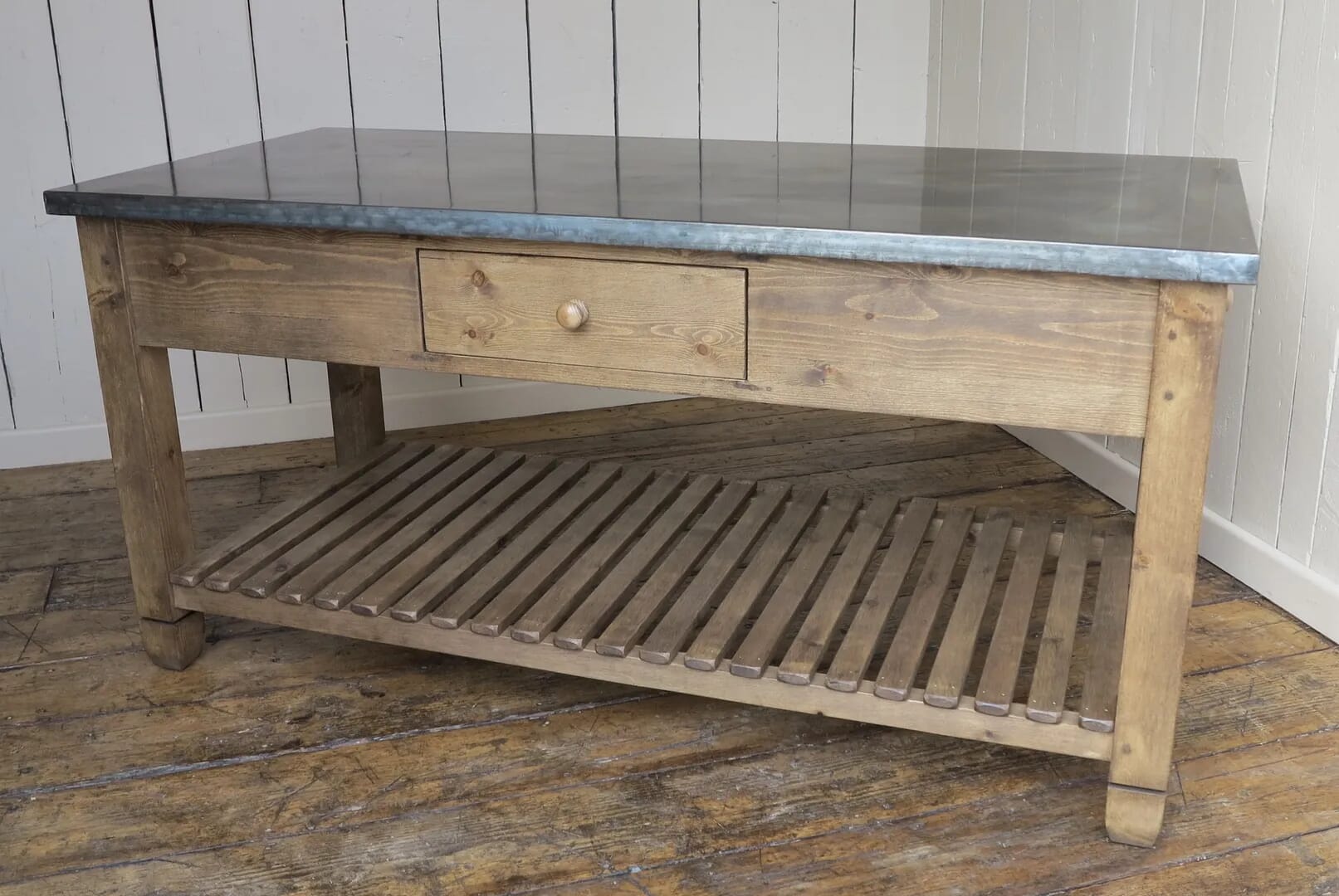 Natural Antiqued Zinc Topped Central Kitchen Island Unit - 8179