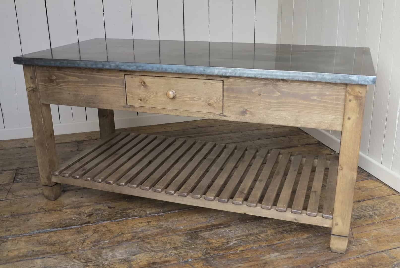 Natural Antiqued Zinc Topped Central Kitchen Island Unit