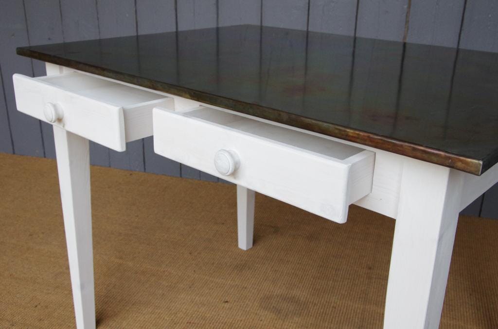 Tall Antiqued Zinc Topped Table with Drawers - 6980a