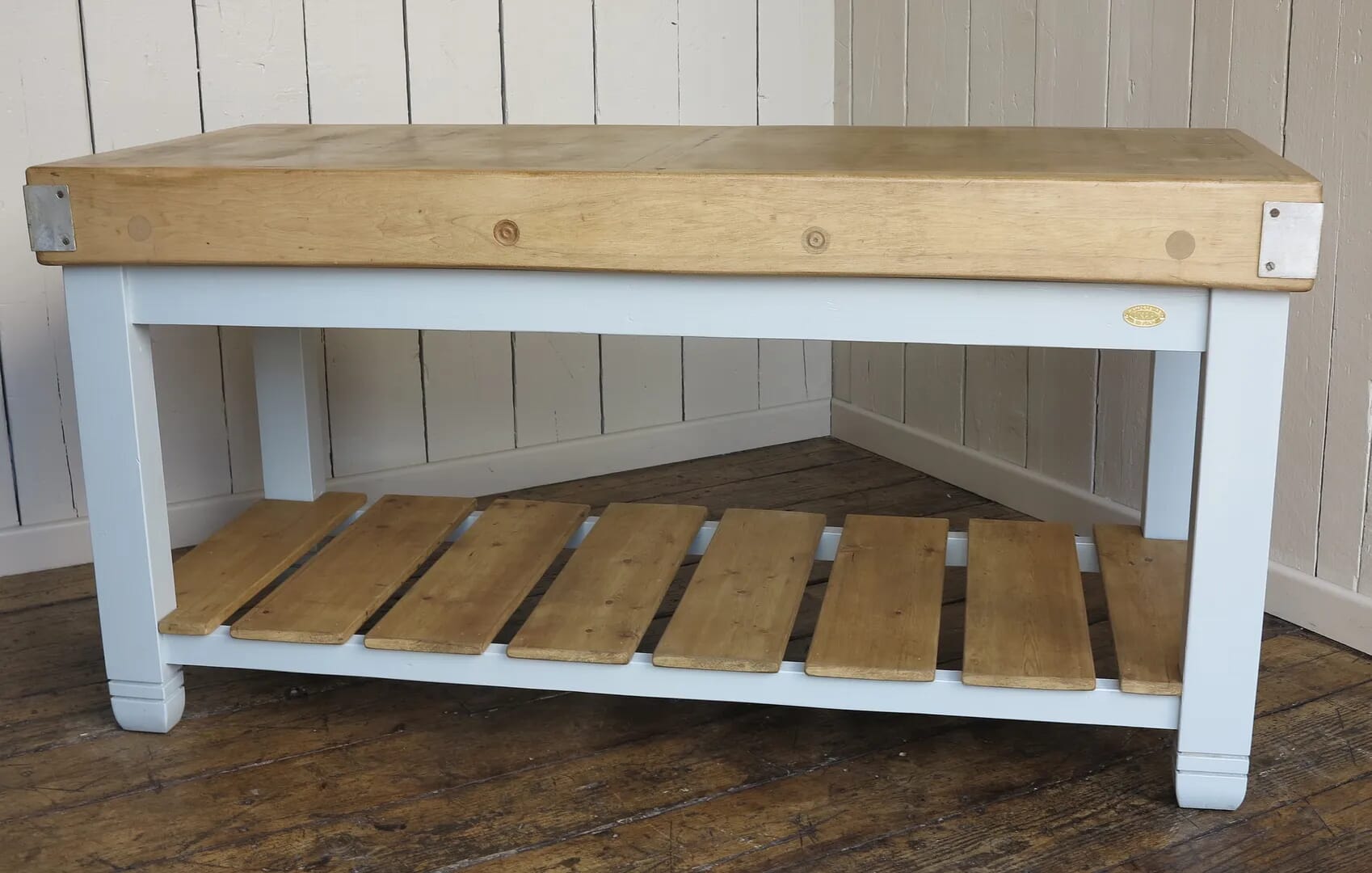 Antique Waxed and Painted Butchers Block with Floorboard Pine Shelf - 8205