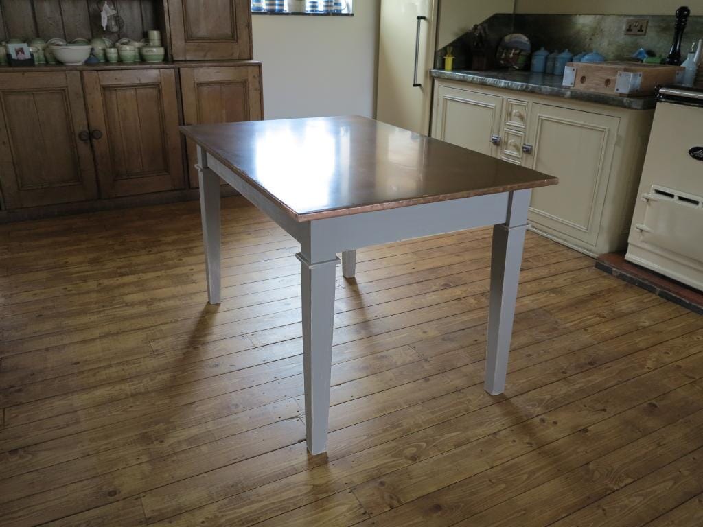 Distressed Antique Copper Topped Tapered Leg Table - D1079