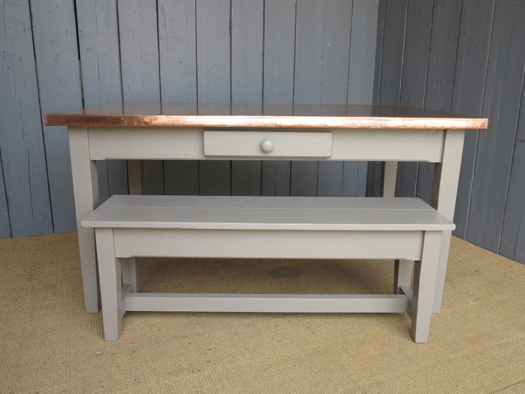 Copper Topped Table With A Painted Bench - D1077