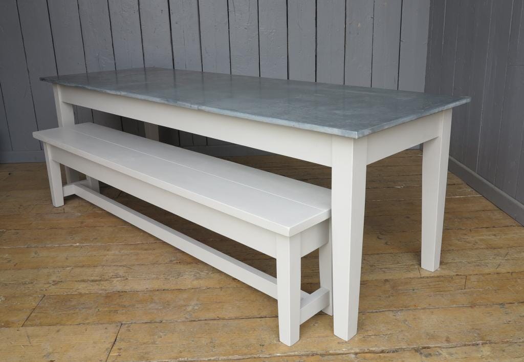 Antiqued Distressed Zinc Table and Painted Bench - D1050