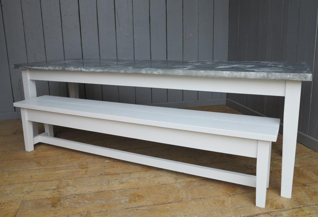 Antiqued Distressed Zinc Table & Painted Bench - D1041
