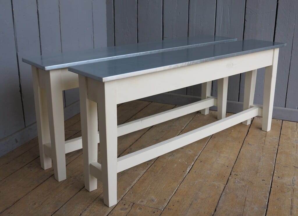 Natural Zinc Top Benches With Distressed Painted Base's - D1008