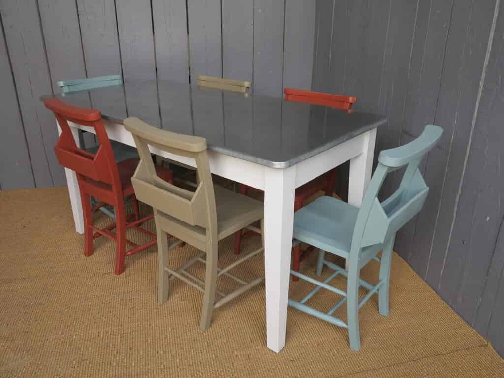 Natural Zinc Topped Table and 6 painted Church Chairs