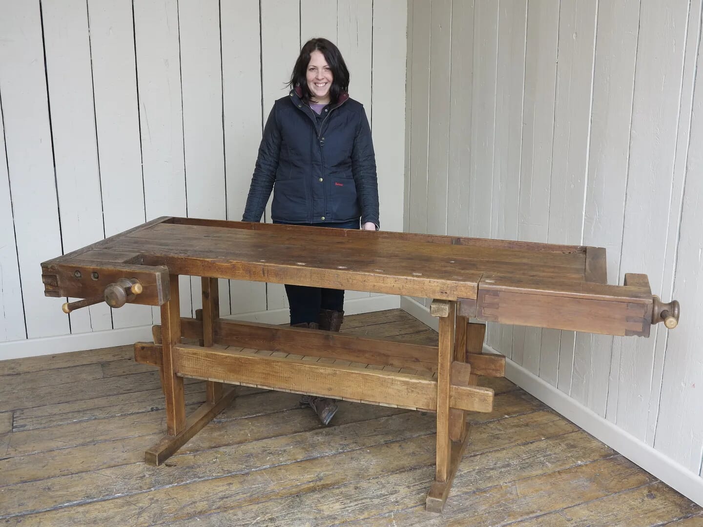 Antique Wooden Workbench With Two Vices and Shelf - 8005