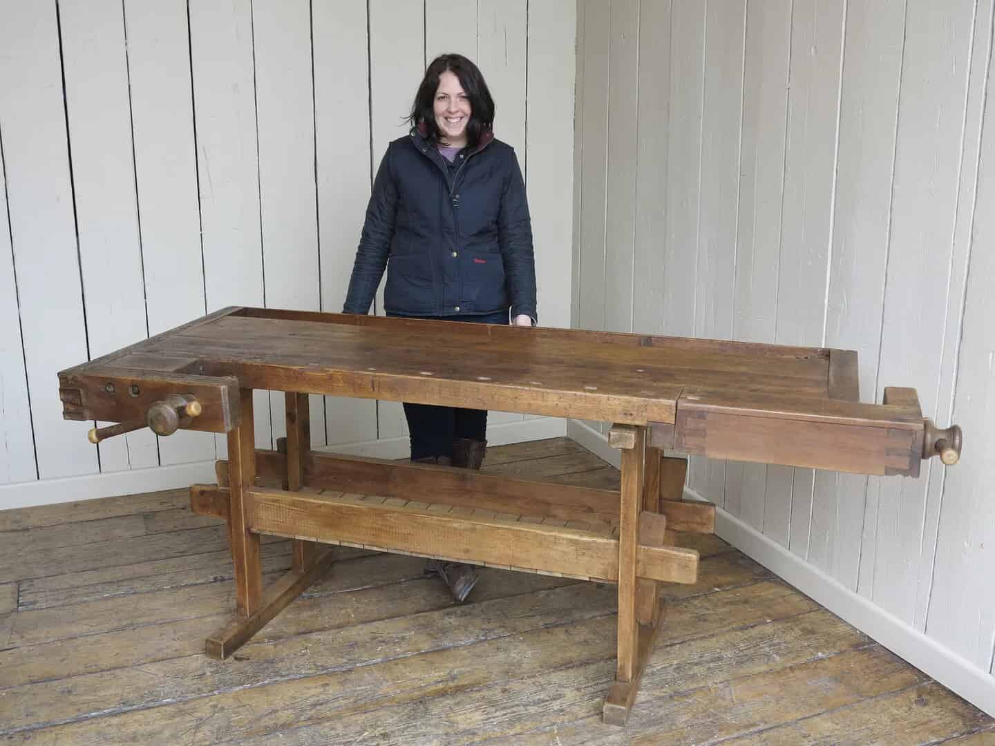 Antique Wooden Workbench With Two Vices and Shelf