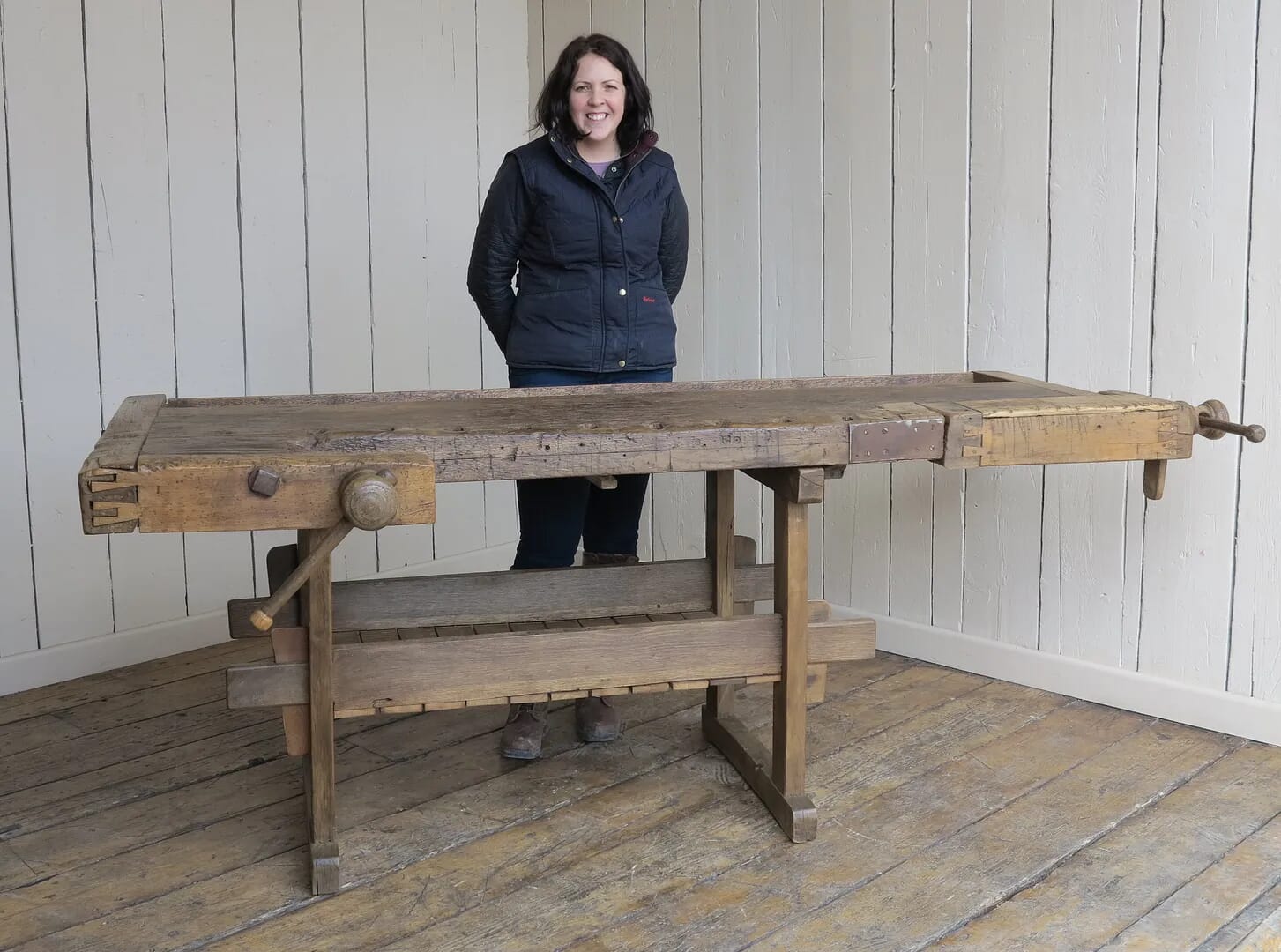 Antique Woodworking Bench With Two Vices and Shelf - 8006