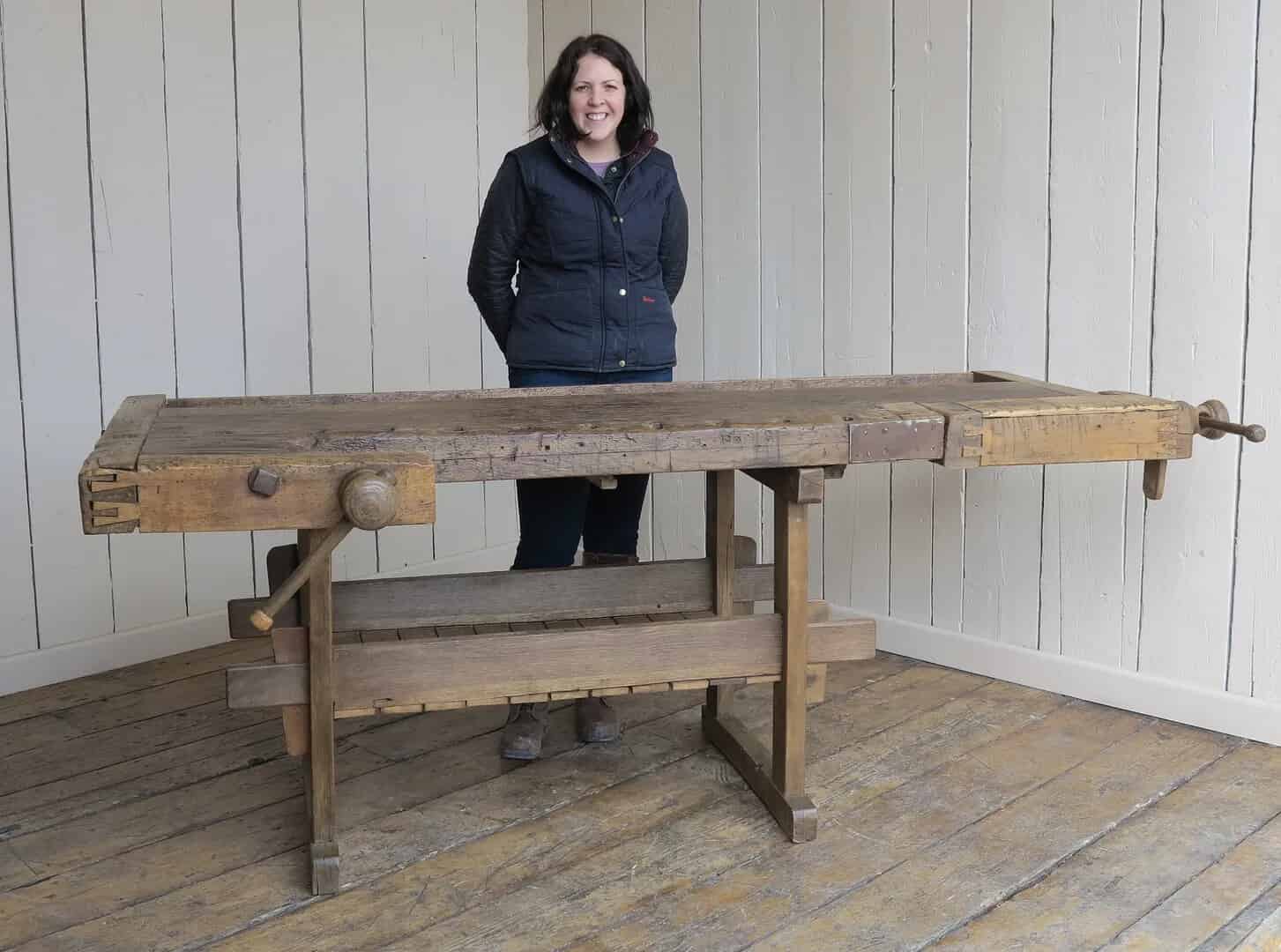 Antique Woodworking Bench With Two Vices and Shelf