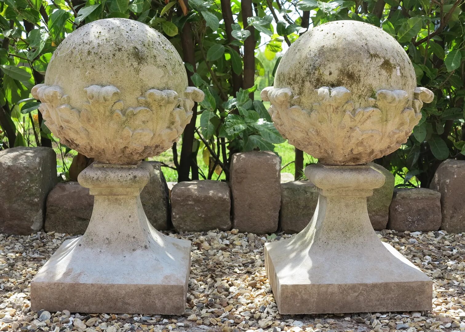 Pair of Reconstituted Stone Acanthus-Leaf Ball Finials - D1201