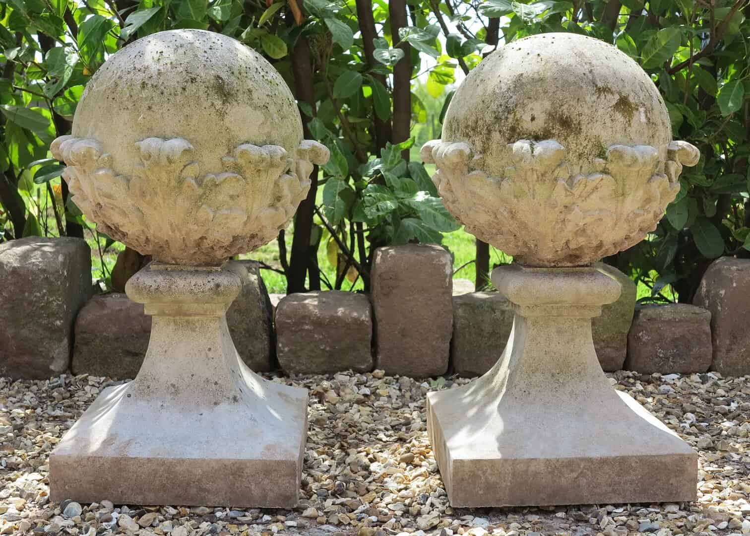 Pair of Reconstituted Stone Acanthus-Leaf Ball Finials