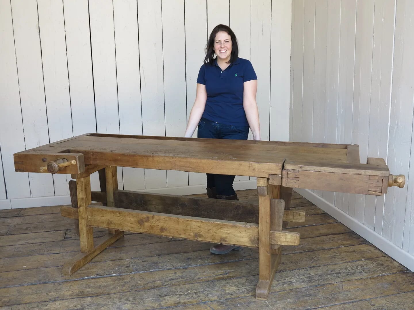 Antique Industrial Work Bench With Two Vices and Shelf - 8007