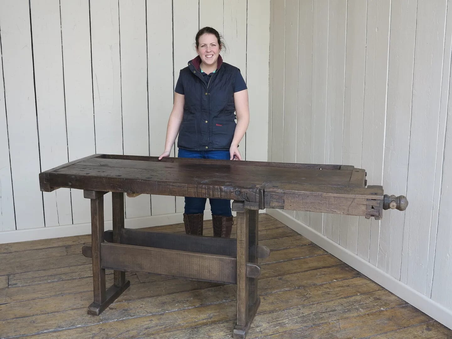 Antique Vintage Industrial Work Bench With Vice and Shelf - 8008