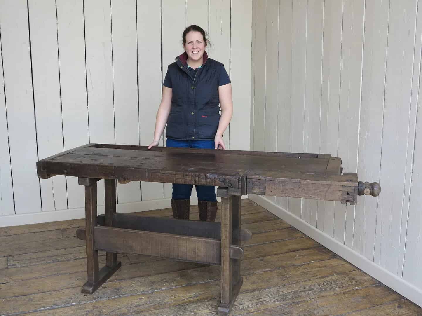 Antique Vintage Industrial Work Bench With Vice and Shelf