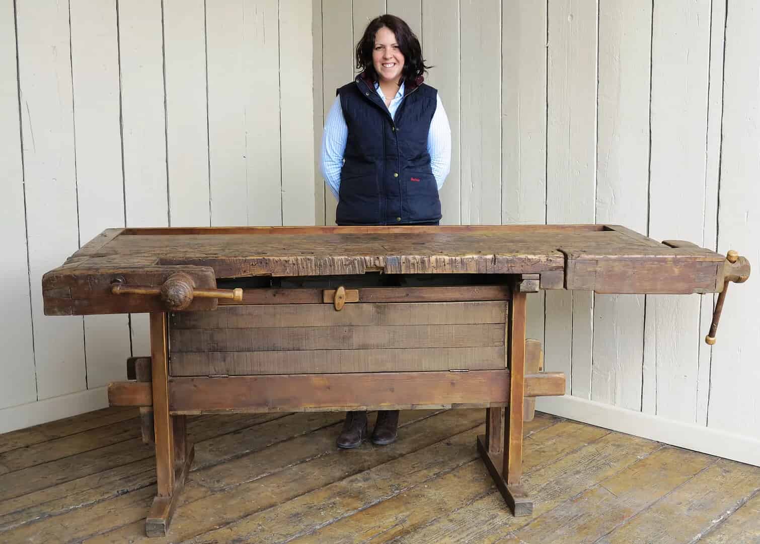 Antique Woodworking Bench With Two Vices and Storage Box