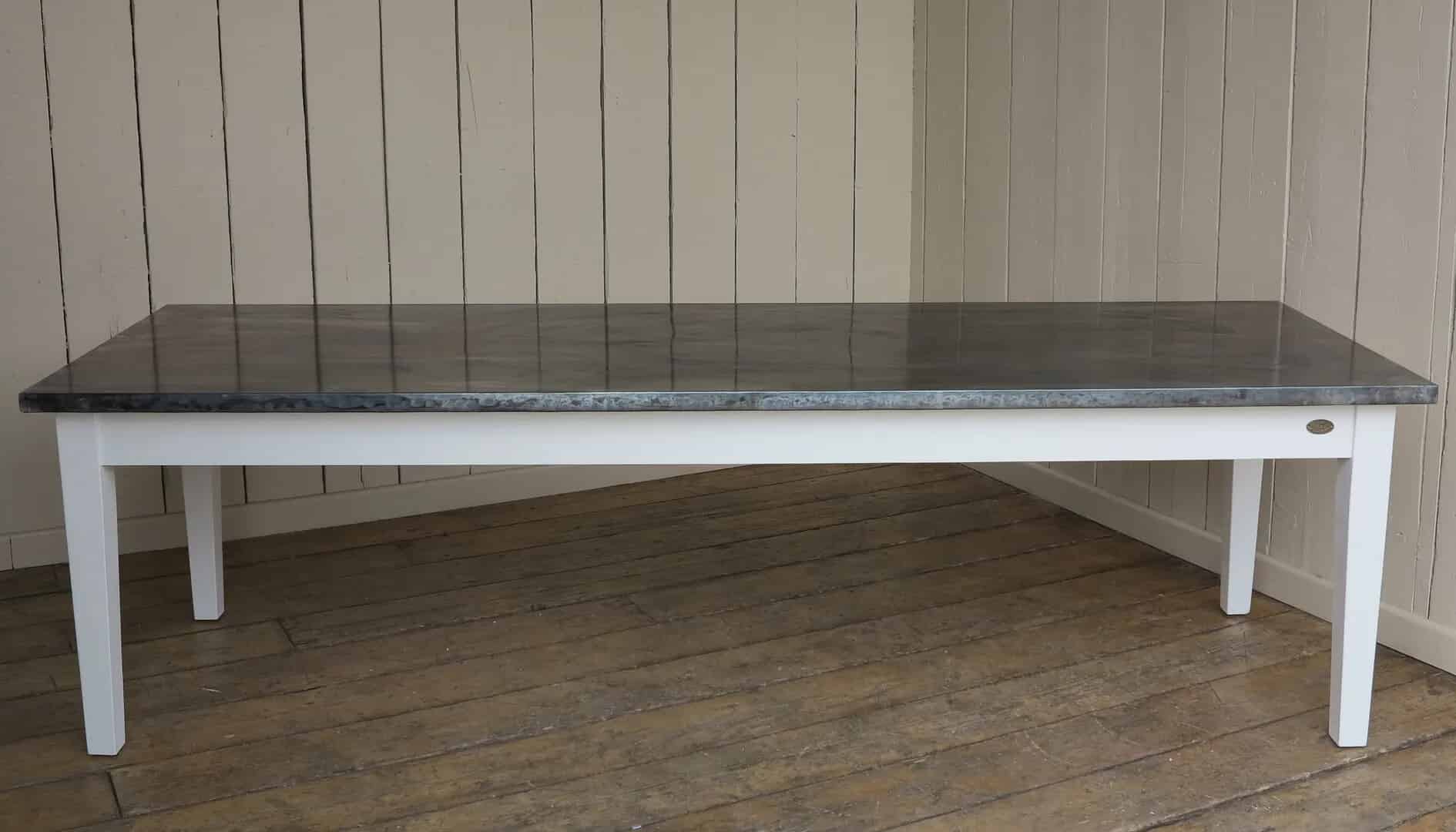 Large Antiqued Zinc Kitchen Table With Square Corners